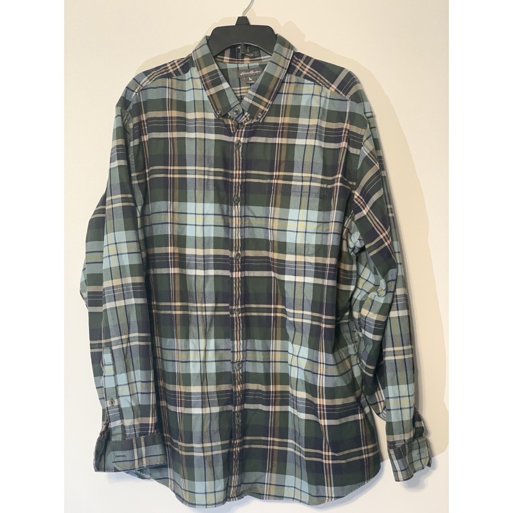 Eddie Bauer Mens 2XL Classic Fit Plaid Flannel‎ Button Down Shirt Green Blue